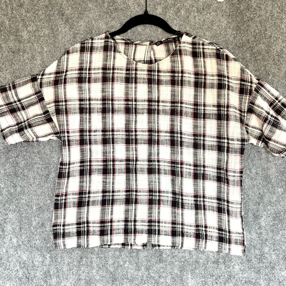 ZARA Black White Red Plaid Cotton Gauze Top Back Button Boxy Short Sleeve XS